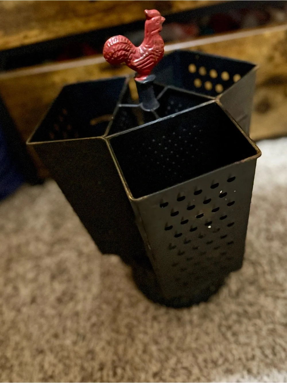 Primitive Black Metal Utensil Caddy with Red Rooster Topper